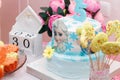 Candy bar, birthday cake for a girl with Frozen cartoon character illustration. Muffins and flowers