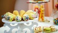Candy bar on children's birthday. close-up, multi-colored lollipops, sweets, biscuit, cupcakes, sweet Royalty Free Stock Photo