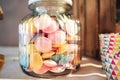 Candy bar. Close up of sweet gummy candies in glass jar. Celebration, party, birthday or wedding concept. Royalty Free Stock Photo