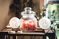 Candy bar. Close up of sweet gummy candies in glass jar. Celebration, party, birthday or wedding concept. Royalty Free Stock Photo