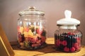 Candy bar. Close up of sweet gummy candies various colors and taste in glass jar. Celebration, party, birthday or Royalty Free Stock Photo