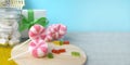 Candy bar concept. Different sweets, peppermint candies, jelly, marshmallow and gift over blue background. Royalty Free Stock Photo