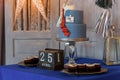 Candy bar with cupcakes, birthday cake with suit and tie design for a teenage boy, the Russian inscription reads Create Yourself.