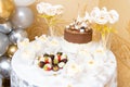 Candy bar with delicious and chocolate cake, strawberry with white and black chocolate Royalty Free Stock Photo