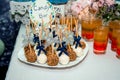 Candy bar and desserts for children`s birthday party: yummy cake pops on sticks, pink marshmallows, orange and red drinks.