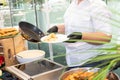 Candy bar food buffet by the pool, during hotel brunch, catering, chef live pancakes cooking station