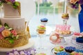 Candy bar on golden wedding party with a lot of different candies, cupcakes, souffle and cakes. Decorated in brown and purple colo Royalty Free Stock Photo