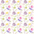 Candy bar hand drawn watercolor pattern, Lollipop and bow bright colors - purple, green, yellow Scrapbook paper on white Royalty Free Stock Photo