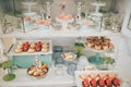 Candy bar with a lot of cookies and fruits. Chocolate fountain and wedding cake Royalty Free Stock Photo