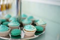 Candy bar marshmallow on the table, macaroon, cake and cupcake, holiday, birthday, decoration, decor vanilla. Wedding Royalty Free Stock Photo