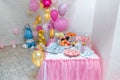 Candy bar with muffins, donuts and cake pops for girl birthday. Party balloons with princess cartoon character. Place for text