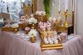 Candy bar. Table with sweets, buffet with cupcakes, candies, dessert. Royalty Free Stock Photo