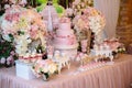 Candy bar and wedding cake. Table with sweets, buffet with cupcakes, candies, dessert. Royalty Free Stock Photo