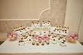 Candy bar. Table with sweets, candies, dessert and cupcakes Royalty Free Stock Photo