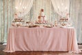 Candy bar and wedding cake. Table with sweets, buffet with cupcakes, candies, dessert Royalty Free Stock Photo