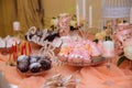 Candy bar on wedding ceremony with a lot of different candies. Concept of decoration table with desserts