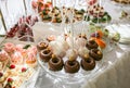 Candy bar at the wedding reception. Cake pops and donuts. Beautiful decorations Royalty Free Stock Photo