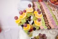 Sweet candy bar.Different delicious fruits and cookies on wedding reception table with bananas and grapes Royalty Free Stock Photo