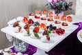 Candy bar. Wedding reception table with sweets, candies, dessert, meringues, fruit tart, cupcakes Royalty Free Stock Photo
