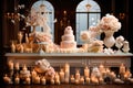 Candy bar at a wedding. Sweet table with wedding cake and different desserts