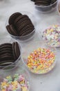 Candy and biscuits party mix, sweets in bowls, children market Royalty Free Stock Photo