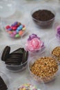 Candy and biscuits party mix, sweets in bowls, children market Royalty Free Stock Photo