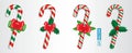 Set of realistic candy cane christmas isolated or crossed sweet candy tied with a bow or sweet traditional gift christmas holiday