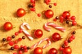 Christmas composition. Gifts, red decorations on linen background. Christmas, winter, new year concept. Flat la Royalty Free Stock Photo