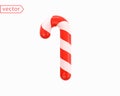 Candy Cane Christmas Decoration. Red and white spiral sweet candy 3D icon in glossy cartoon style. Object isolated on white