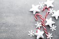 Candy cane. Christmas decors with gray background. Royalty Free Stock Photo