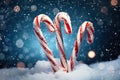 Candy cane, Christmas treat in the snow. Generative Ai Royalty Free Stock Photo