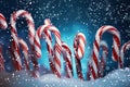 Candy cane, Christmas treat in the snow. Generative Ai Royalty Free Stock Photo