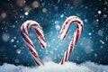 Candy cane, Christmas treat in the snow. Generative Ai Royalty Free Stock Photo