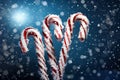 Candy cane, Christmas treat in the snow. Generative Ai Royalty Free Stock Photo