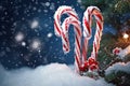 Candy cane, Christmas treat in the snow. Generative Ai Royalty Free Stock Photo