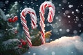 Candy cane, Christmas treat in the snow. Generative Ai Royalty Free Stock Photo