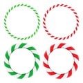 Candy cane circle frame set. Christmas round border with stripes collection. Striped vector xmas ring background with copy space.