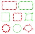 Candy cane frame collection. Christmas border with stripes set. Striped vector xmas circle ,square and rectangle shape background