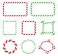 Candy cane frame collection. Christmas border with stripes set. Striped vector xmas circle ,square and rectangle shape background Royalty Free Stock Photo