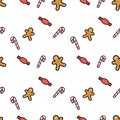 Candy Cane, Gingerbread Man, Candy, Sweet Seamless Pattern Background. Perfect For Winter Holiday Fabric, Giftwrap, Scrapbook,