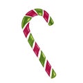 Candy cane with green and red stripes. Traditional Christmas sweet. Hand painted isolated watercolor illustration Royalty Free Stock Photo