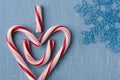 Candy Cane Heart Symbol Saying I heart U on Blue Wood with Snowflake Royalty Free Stock Photo