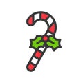 candy cane with mistletoe icon, christmas sweets. editable outline