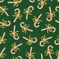 Candy Cane Seamless Christmas Vector Pattern. Repeating Background With Hand Drawn Candy Canes With Shiny Gold Foil Bows On Green.