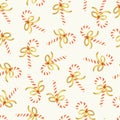 Candy Cane seamless vector pattern. Christmas repeating background with hand drawn candy canes with shiny gold foil bows on white. Royalty Free Stock Photo