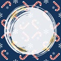 Candy canes and Christmas snowflakes on a blue background. Template for creating a design, frame, banner, advertising. Vector Royalty Free Stock Photo