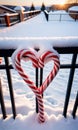Candy Canes Forming A Heart On A Snowy Balcony Rail, Sunset, Outdoors, Overhead Shot. Generative AI