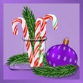 Christmas. Three candy canes and a spruce branch stand in a glass candy bowl. Two branches and a New Year\'s toy lie near it.