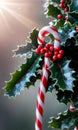 Candy Canes And Holly On A Misty Morning With The Sunlight Peeking Throug. Generative AI