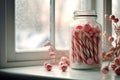 Candy Canes in a Jar with Snowy Backdrop